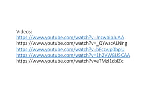 Videos:
https://www.youtube.com/watch?v=JnzwbipJuAA
https://www.youtube.com/watch?v=_QYwscALNng
https://www.youtube.com/watch?v=bFczvJp0bpU
https://www.youtube.com/watch?v=1h2VW8USCAA
https://www.youtube.com/watch?v=eTMzl1cblZc
 
