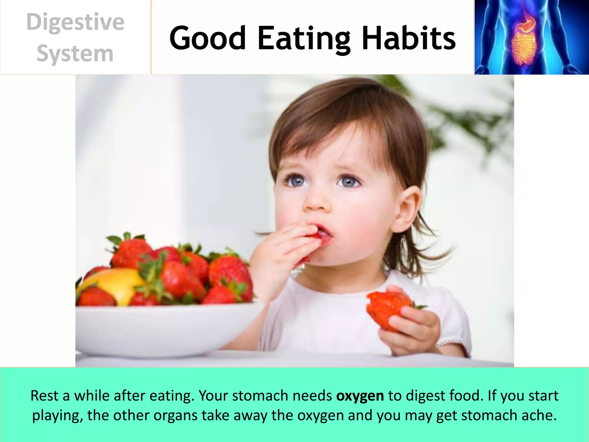 Good Eating Habits
Digestive
System
Rest a while after eating. Your stomach needs oxygen to digest food. If you start
playing, the other organs take away the oxygen and you may get stomach ache.
 