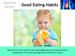 Good Eating Habits
Digestive
System
Never be in a hurry to finish your food. Chew your food properly before
swallowing it. This makes the digestion of food much easier.
 