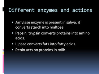 Different enzymes and actions
 Amylase enzyme is present in saliva, it
converts starch into maltose.
 Pepsin, trypsin converts proteins into amino
acids.
 Lipase converts fats into fatty acids.
 Renin acts on proteins in milk
 