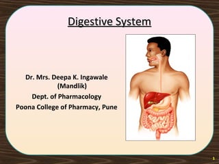 Digestive SystemDigestive System
Dr. Mrs. Deepa K. Ingawale
(Mandlik)
Dept. of Pharmacology
Poona College of Pharmacy, Pune
1
 