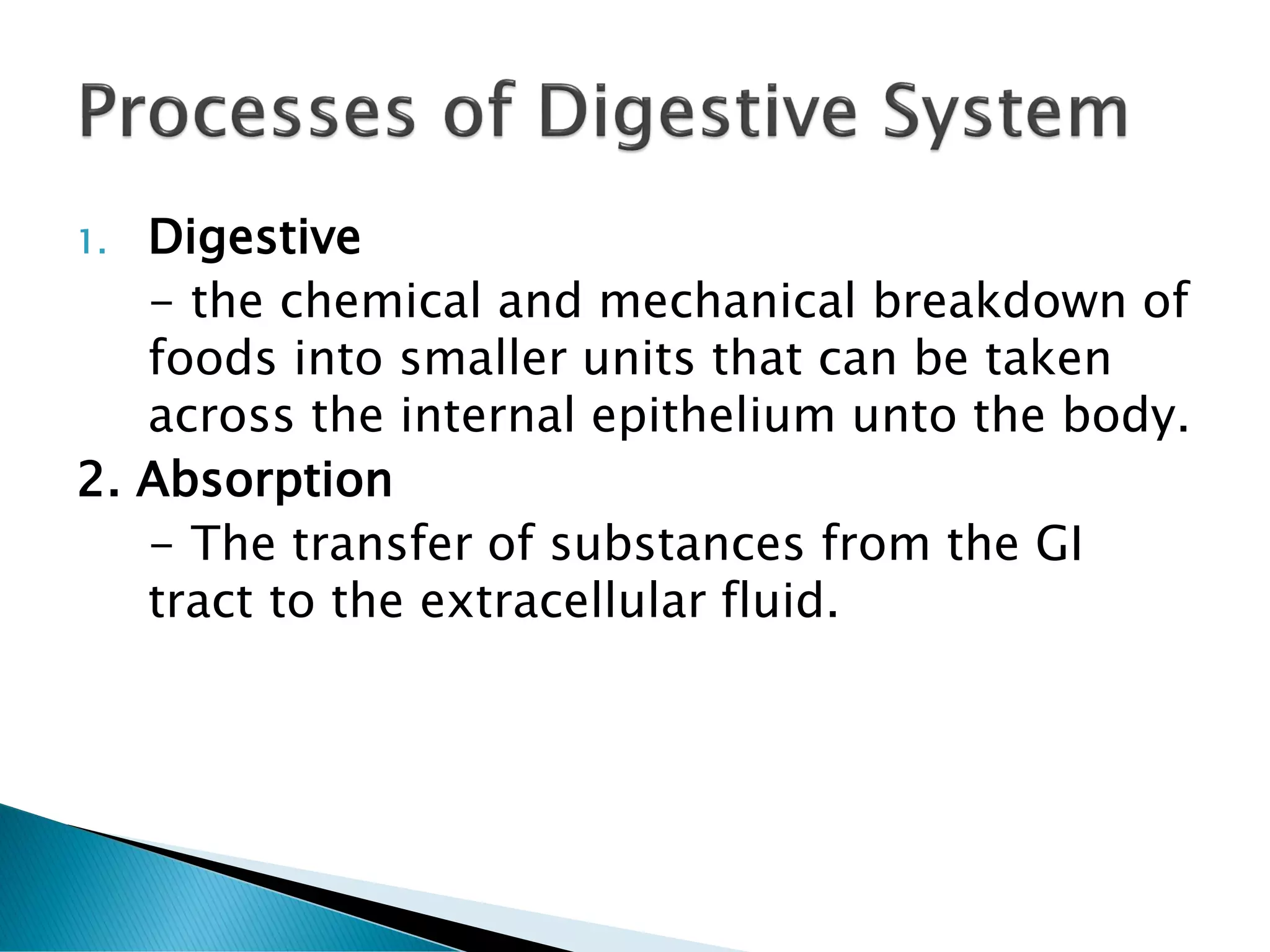 1. Digestive
- the chemical and mechanical breakdown of
foods into smaller units that can be taken
across the internal epithelium unto the body.
2. Absorption
- The transfer of substances from the GI
tract to the extracellular fluid.
 