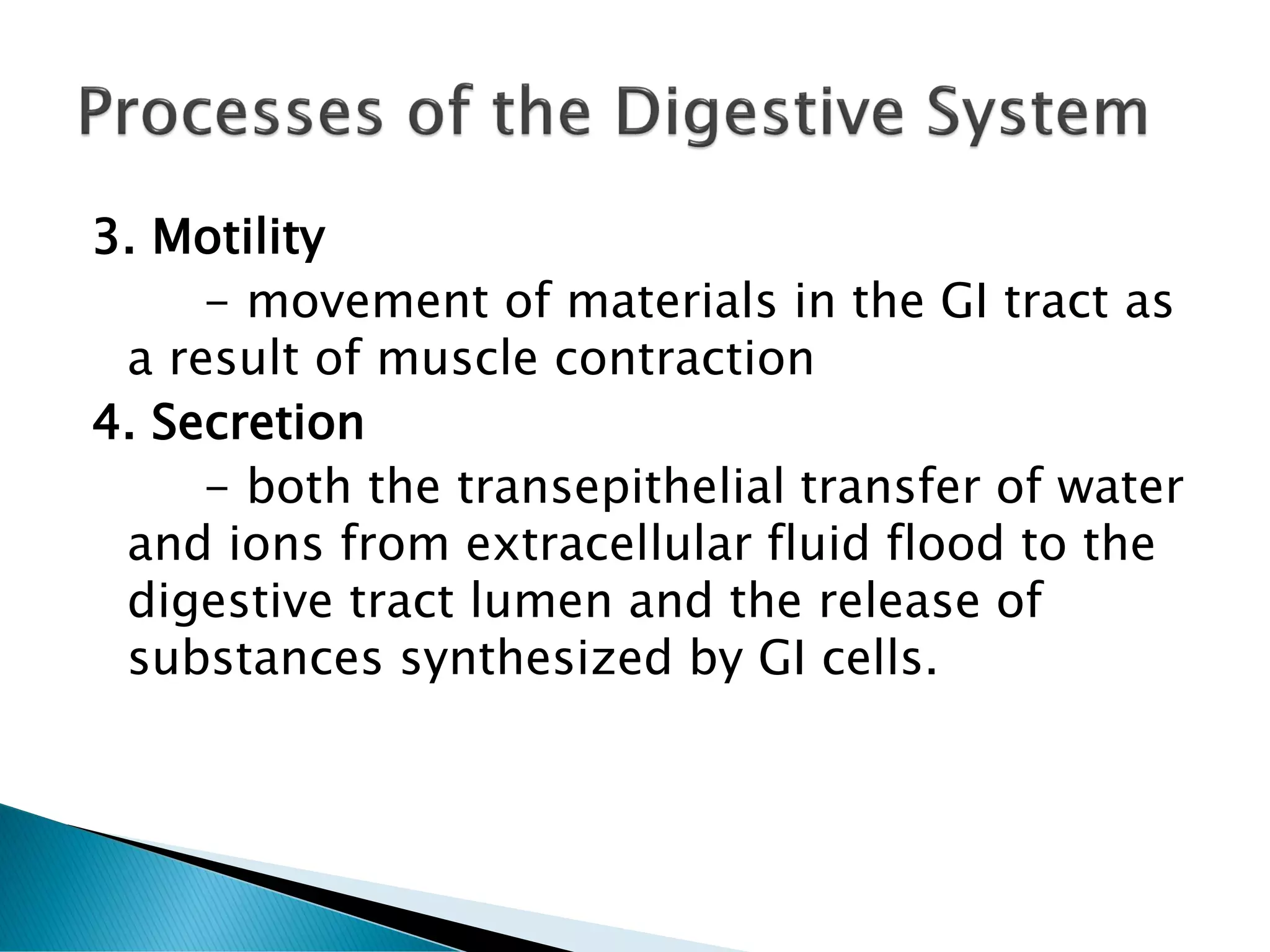 3. Motility
- movement of materials in the GI tract as
a result of muscle contraction
4. Secretion
- both the transepithelial transfer of water
and ions from extracellular fluid flood to the
digestive tract lumen and the release of
substances synthesized by GI cells.
 