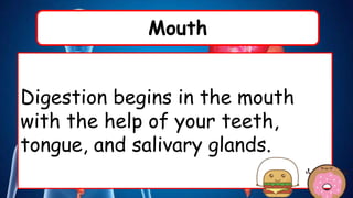 Mouth
Digestion begins in the mouth
with the help of your teeth,
tongue, and salivary glands.
 