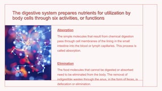 The digestive system prepares nutrients for utilization by
body cells through six activities, or functions
Absorption
The simple molecules that result from chemical digestion
pass through cell membranes of the lining in the small
intestine into the blood or lymph capillaries. This process is
called absorption.
Elimination
The food molecules that cannot be digested or absorbed
need to be eliminated from the body. The removal of
indigestible wastes through the anus, in the form of feces, is
defecation or elimination.
 