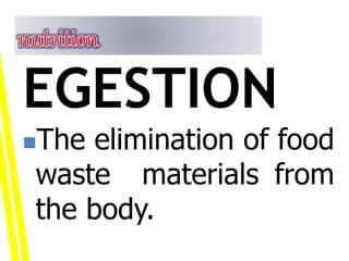 The elimination of food
waste materials from
the body.
EGESTION
 