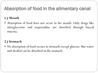 Absorption of food in the alimentary canal
1.) Mouth
 Absorption of food does not occur in the mouth. Only drugs like
nitroglycerine and isoprenaline are absorbed through buccal
mucosa.
2.) Stomach
 No absorption of food occurs in stomach except glucose. But water
and alcohol can be absorbed in the stomach.
 