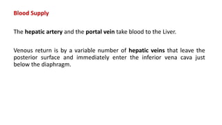 Blood Supply
The hepatic artery and the portal vein take blood to the Liver.
Venous return is by a variable number of hepatic veins that leave the
posterior surface and immediately enter the inferior vena cava just
below the diaphragm.
 