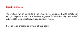 Digestive System
The system which consists of all structures associated with intake of
food, its digestion and absorption of digested food and finally removal of
indigestible residue is known as digestive system.
It is the food processing system of our body.
 