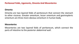 Peritoneal Folds, Ligaments, Omenta And Mesenteries
Omenta
Omenta are two layered folds of peritoneum that connect the stomach
to other visceras. Greater omentum, lesser omentum and gastrosplenic
omentum are three more obvious omentum in human body.
Mesenteries
Mesenteries are two layered folds of peritoneum, which connect the
parts of intestine to the posterior abdominal wall.
 