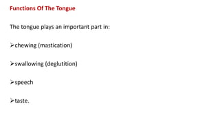 Functions Of The Tongue
The tongue plays an important part in:
chewing (mastication)
swallowing (deglutition)
speech
taste.
 
