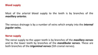 Blood supply
Most of the arterial blood supply to the teeth is by branches of the
maxillary arteries.
The venous drainage is by a number of veins which empty into the internal
jugular veins.
Nerve supply
The nerve supply to the upper teeth is by branches of the maxillary nerves
and to the lower teeth by branches of the mandibular nerves. These are
both branches of the trigeminal nerves (5th cranial nerves).
 