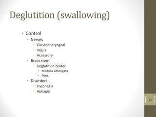 Deglutition (swallowing)
• Control
• Nerves
• Glossopharyngeal
• Vagus
• Accessory
• Brain stem
• Deglutition center
• Medulla oblongata
• Pons
• Disorders
• Dysphagia
• Aphagia
12
 