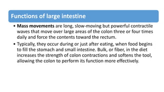 Functions of large intestine
• Mass movements are long, slow-moving but powerful contractile
waves that move over large areas of the colon three or four times
daily and force the contents toward the rectum.
• Typically, they occur during or just after eating, when food begins
to fill the stomach and small intestine. Bulk, or fiber, in the diet
increases the strength of colon contractions and softens the tool,
allowing the colon to perform its function more effectively.
 