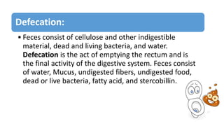 Defecation:
• Feces consist of cellulose and other indigestible
material, dead and living bacteria, and water.
Defecation is the act of emptying the rectum and is
the final activity of the digestive system. Feces consist
of water, Mucus, undigested fibers, undigested food,
dead or live bacteria, fatty acid, and stercobillin.
 