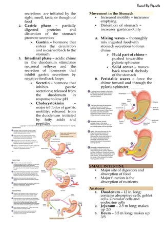 secretions are initiated by the
sight, smell, taste, or thought of
food
2. Gastric phase – partially
digested proteins and
distention of the stomach
promote secretion
➢ Gastrin – hormone that
enters the circulation
and is carried back to the
stomach
3. Intestinal phase – acidic chime
in the duodenum stimulates
neuronal reflexes and the
secretion of hormones that
inhibit gastric secretions by
negative feedback loops
➢ Secretin – hormone that
inhibits gastric
secretions; released from
the duodenum in
response to low pH
➢ Cholecystokinin –
major inhibitor of gastric
motility; released from
the duodenum initiated
by fatty acids and
peptides
Movement in the Stomach
▪ Increased motility = increases
emptying
▪ Distention of stomach =
increases gastricmotility
A. Mixing waves – thoroughly
mix ingested foodwith
stomach secretions to form
chime
➢ Fluid part of chime –
pushed towardthe
pyloric sphincter
➢ Solid center – moves
back toward thebody
of the stomach
B. Peristaltic waves – force the
chime toward and through the
pyloric sphincter
SMALL INTESTINE
▪ Major site of digestion and
absorption of food
▪ Major function is the
absorption of nutrients
Anatomy
1. Duodenum – 12 in. long;
contains absorptive cells, goblet
cells. Granular cells and
endocrine cells
2. Jejunum – 2.5 m long; makes
up 2/5
3. Ileum – 3.5 m long; makes up
3/5
Owned By: Pdf_sells
 