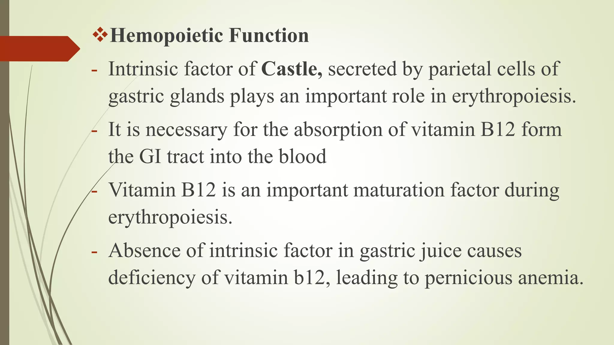 Hemopoietic Function
- Intrinsic factor of Castle, secreted by parietal cells of
gastric glands plays an important role in erythropoiesis.
- It is necessary for the absorption of vitamin B12 form
the GI tract into the blood
- Vitamin B12 is an important maturation factor during
erythropoiesis.
- Absence of intrinsic factor in gastric juice causes
deficiency of vitamin b12, leading to pernicious anemia.
 