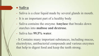  Saliva
- Saliva is a clear liquid made by several glands in mouth.
- It is an important part of a healthy body
- Saliva contains the enzyme Amylase that breaks down
starches into maltose and dextrose.
- Saliva has 99.5% water.
- It Contains many important substances, including mucus,
electrolytes, antibacterial compounds and various enzymes
that help to digest food and keep the teeth strong.
 