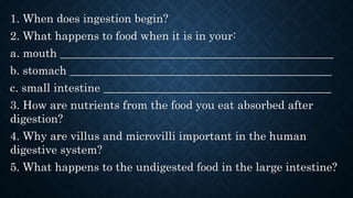 1. When does ingestion begin?
2. What happens to food when it is in your:
a. mouth ________________________________________________
b. stomach ______________________________________________
c. small intestine ________________________________________
3. How are nutrients from the food you eat absorbed after
digestion?
4. Why are villus and microvilli important in the human
digestive system?
5. What happens to the undigested food in the large intestine?
 