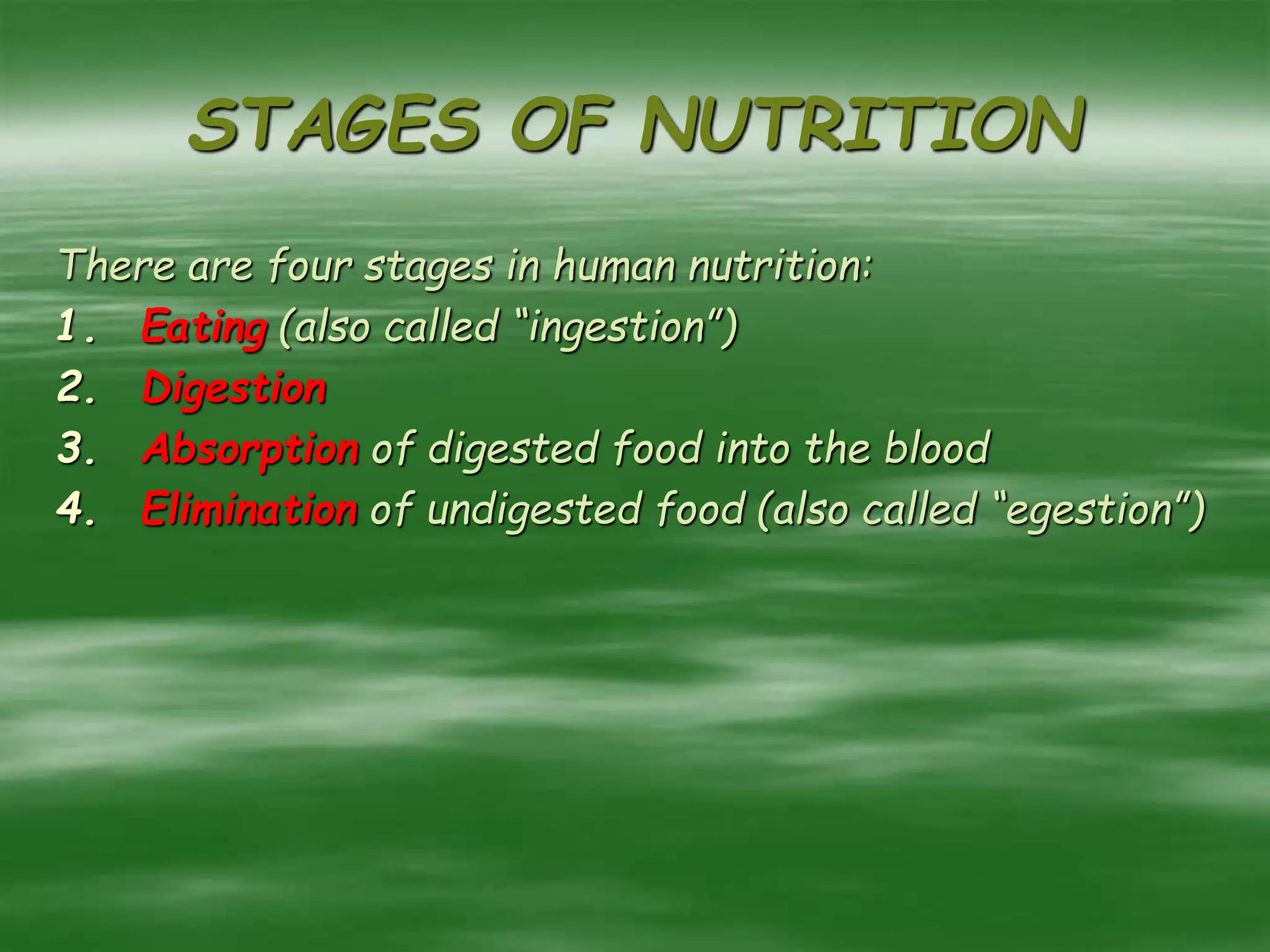 STAGES OF NUTRITION
There are four stages in human nutrition:
1. Eating (also called “ingestion”)
2. Digestion
3. Absorption of digested food into the blood
4. Elimination of undigested food (also called “egestion”)
 