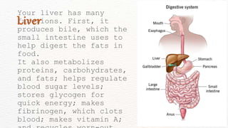 Your liver has many
functions. First, it
produces bile, which the
small intestine uses to
help digest the fats in
food.
It also metabolizes
proteins, carbohydrates,
and fats; helps regulate
blood sugar levels;
stores glycogen for
quick energy; makes
fibrinogen, which clots
blood; makes vitamin A;
Liver
 