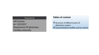 MD Sumon
Id: 12315017
Department 0f pharmacy
Comilla university
Presented by Tables of content
 Structure of different parts of
alimentary system
 Gastrointestinal molility and its control
 