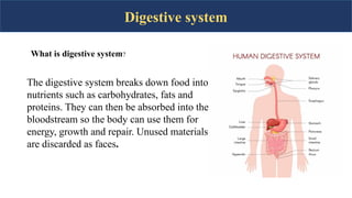 Digestive system
The digestive system breaks down food into
nutrients such as carbohydrates, fats and
proteins. They can then be absorbed into the
bloodstream so the body can use them for
energy, growth and repair. Unused materials
are discarded as faces.
What is digestive system?
 