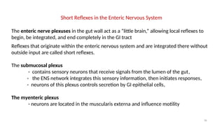 36
Short Reflexes in the Enteric Nervous ­
System
The enteric nerve plexuses in the gut wall act as a “little brain,” allowing local reflexes to
begin, be integrated, and end completely in the GI tract
Reflexes that originate within the enteric nervous system and are integrated there without
outside input are called short reflexes.
The submucosal plexus
- contains sensory neurons that receive signals from the lumen of the gut,
- the ENS network integrates this sensory information, then initiates responses,
- neurons of this plexus controls secretion by GI epithelial cells,
The myenteric plexus
- neurons are located in the muscularis externa and influence motility
 
