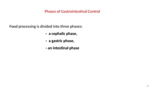 48
Food processing is divided into three phases:
- a cephalic phase,
- a gastric phase,
- an intestinal phase
Phases of Gastrointestinal Control
 