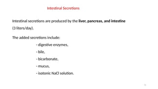 73
Intestinal Secretions
Intestinal secretions are produced by the liver, pancreas, and intestine
(3 liters/day).
The added secretions include:
- digestive enzymes,
- bile,
- bicarbonate,
- mucus,
- isotonic NaCl solution.
 