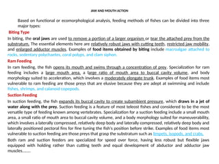 JAW AND MOUTH ACTION
Based on functional or ecomorphological analysis, feeding methods of fishes can be divided into three
major types:
Biting Type
In biting, the oral jaws are used to remove a portion of a larger organism or tear the attached prey from the
substratum. The essential elements here are relatively robust jaws with cutting teeth, restricted jaw mobility,
and enlarged adductor muscles. Examples of food items obtained by biting include macroalgae attached to
rocks, sedentary polychaetes, coral polyps, and clam siphon.
Ram Feeding
In ram feeding, the fish opens its mouth and swims through a concentration of prey. Specialization for ram
feeding includes a large mouth area, a large ratio of mouth area to buccal cavity volume, and body
morphology suited to acceleration, which involves a moderately elongate trunk. Examples of food items most
vulnerable to ram feeding are those preys that are elusive because they are adept at swimming and include
fishes, shrimps, and calanoid copepods.
Suction Feeding
In suction feeding, the fish expands its buccal cavity to create subambient pressure, which draws in a jet of
water along with the prey. Suction feeding is a feature of most teleost fishes and considered to be the most
versatile type of feeding known among vertebrates. Specialization for a suction feeding include a small mouth
area, a small ratio of mouth area to buccal cavity volume, and a body morphology suited for maneuverability,
which involves a laterally compressed, relatively deep body and laterally compressed, relatively deep body and
laterally positioned pectoral fins for fine tuning the fish's position before strike. Examples of food items most
vulnerable to suction feeding are those preys that grasp the substratum such as limpets, isopods, and crabs.
Both ram and suction feeders are specialized for speed over force, having less robust but flexible jaws
equipped with holding rather than cutting teeth and equal development of abductor and adductor jaw
muscles……..
 
