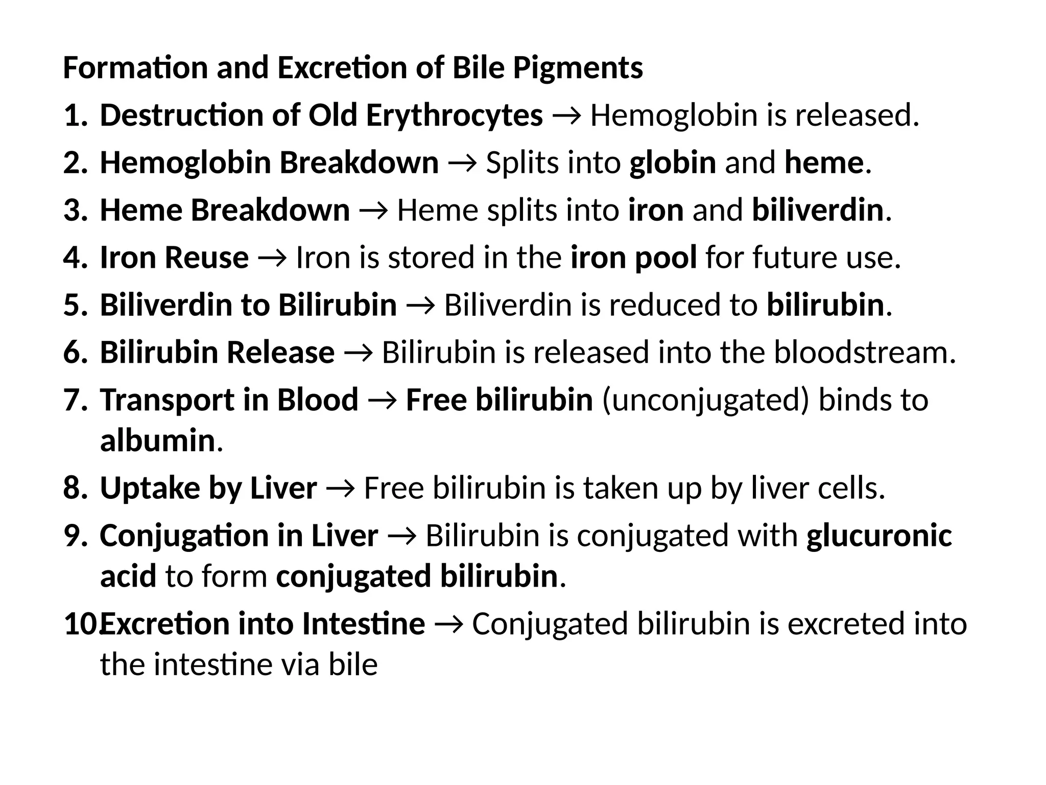 Formation and Excretion of Bile Pigments
1. Destruction of Old Erythrocytes → Hemoglobin is released.
2. Hemoglobin Breakdown → Splits into globin and heme.
3. Heme Breakdown → Heme splits into iron and biliverdin.
4. Iron Reuse → Iron is stored in the iron pool for future use.
5. Biliverdin to Bilirubin → Biliverdin is reduced to bilirubin.
6. Bilirubin Release → Bilirubin is released into the bloodstream.
7. Transport in Blood → Free bilirubin (unconjugated) binds to
albumin.
8. Uptake by Liver → Free bilirubin is taken up by liver cells.
9. Conjugation in Liver → Bilirubin is conjugated with glucuronic
acid to form conjugated bilirubin.
10.Excretion into Intestine → Conjugated bilirubin is excreted into
the intestine via bile
 