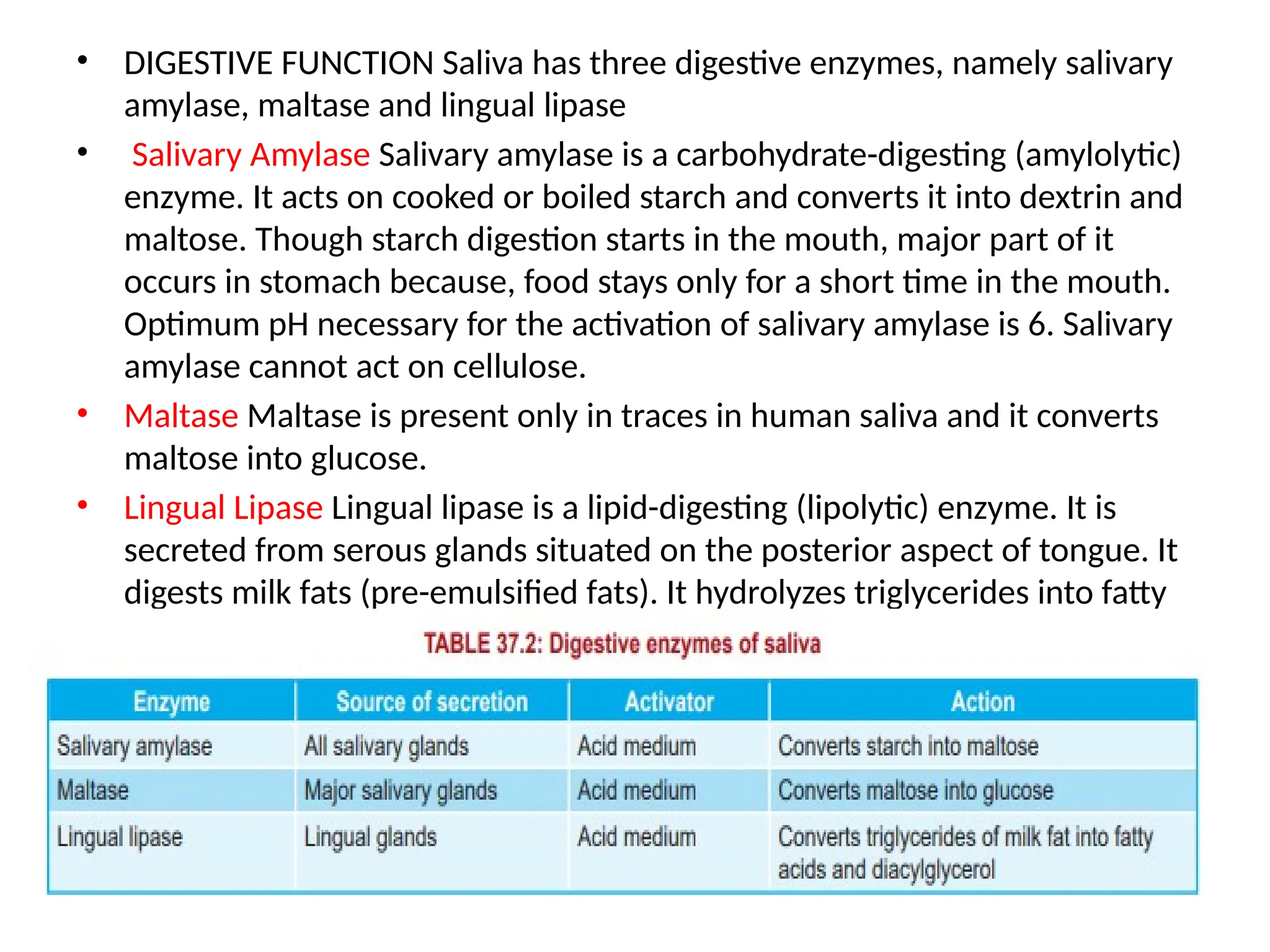 • DIGESTIVE FUNCTION Saliva has three digestive enzymes, namely salivary
amylase, maltase and lingual lipase
• Salivary Amylase Salivary amylase is a carbohydrate-digesting (amylolytic)
enzyme. It acts on cooked or boiled starch and converts it into dextrin and
maltose. Though starch digestion starts in the mouth, major part of it
occurs in stomach because, food stays only for a short time in the mouth.
Optimum pH necessary for the activation of salivary amylase is 6. Salivary
amylase cannot act on cellulose.
• Maltase Maltase is present only in traces in human saliva and it converts
maltose into glucose.
• Lingual Lipase Lingual lipase is a lipid-digesting (lipolytic) enzyme. It is
secreted from serous glands situated on the posterior aspect of tongue. It
digests milk fats (pre-emulsified fats). It hydrolyzes triglycerides into fatty
acids and diacylglycerol
 