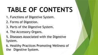 TABLE OF CONTENTS
1. Functions of Digestive System.
2. Forms of Digestion.
3. Parts of the Digestive System.
4. The Accessory Organs.
5. Diseases Associated with the Digestive
System.
6. Healthy Practices Promoting Wellness of
the Digestive System.
 