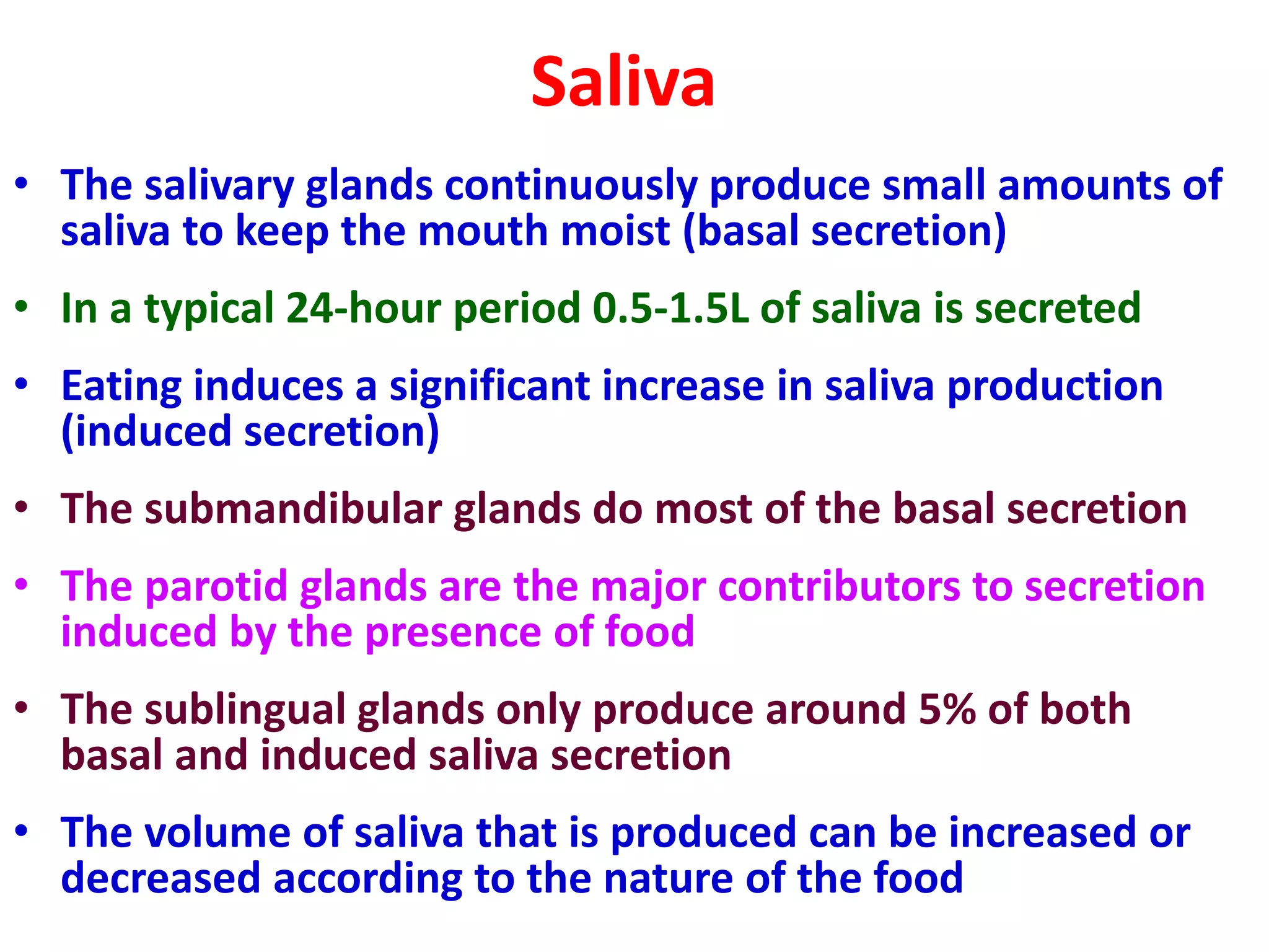 Saliva
• The salivary glands continuously produce small amounts of
saliva to keep the mouth moist (basal secretion)
• In a typical 24-hour period 0.5-1.5L of saliva is secreted
• Eating induces a significant increase in saliva production
(induced secretion)
• The submandibular glands do most of the basal secretion
• The parotid glands are the major contributors to secretion
induced by the presence of food
• The sublingual glands only produce around 5% of both
basal and induced saliva secretion
• The volume of saliva that is produced can be increased or
decreased according to the nature of the food
 