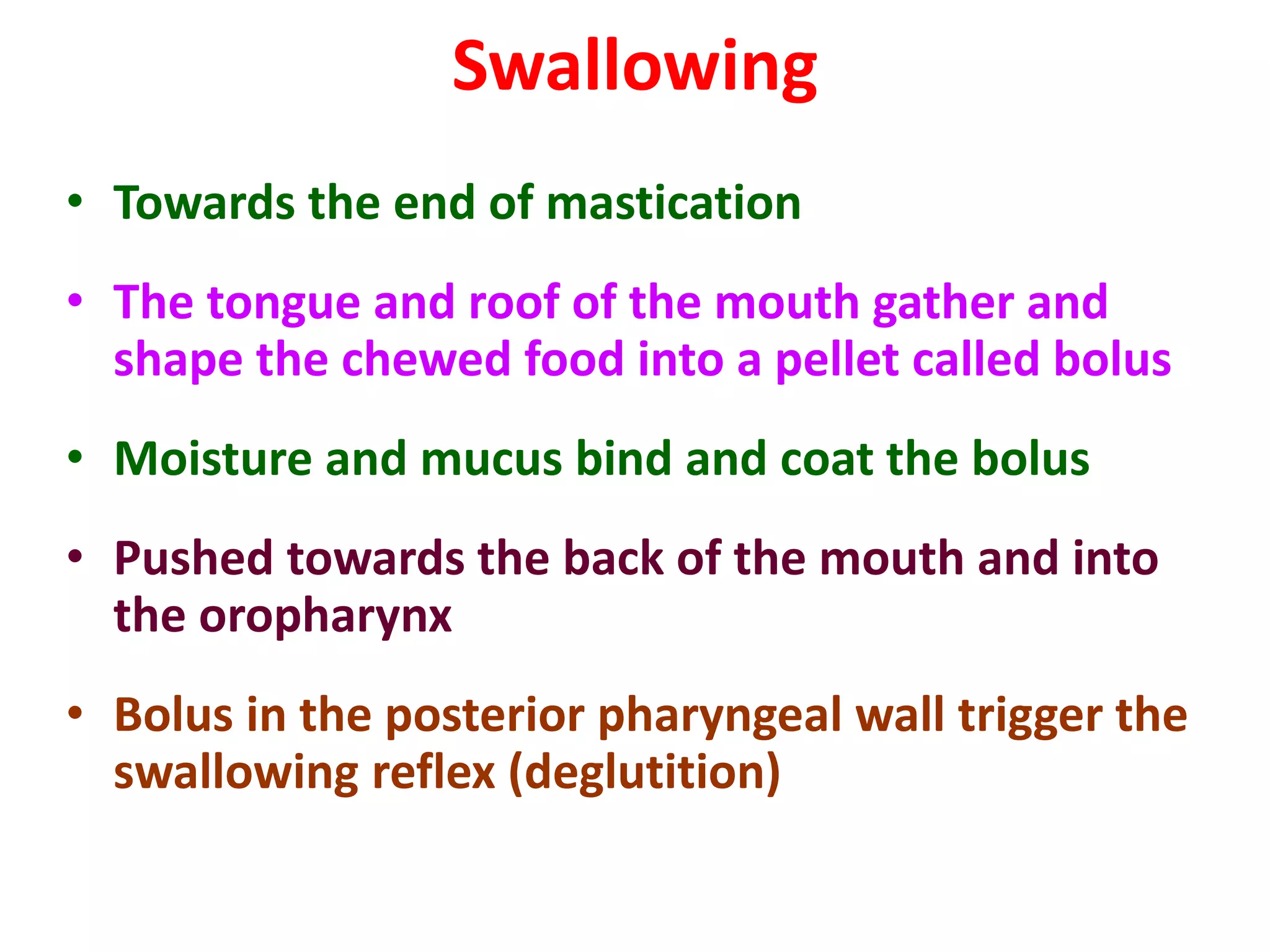 Swallowing
• Towards the end of mastication
• The tongue and roof of the mouth gather and
shape the chewed food into a pellet called bolus
• Moisture and mucus bind and coat the bolus
• Pushed towards the back of the mouth and into
the oropharynx
• Bolus in the posterior pharyngeal wall trigger the
swallowing reflex (deglutition)
 