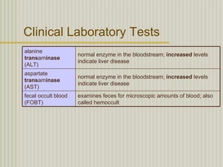 Clinical Laboratory Tests
alanine
                     normal enzyme in the bloodstream; increased levels
transaminase
                     indicate liver disease
(ALT)
aspartate
                     normal enzyme in the bloodstream; increased levels
transaminase
                     indicate liver disease
(AST)
fecal occult blood   examines feces for microscopic amounts of blood; also
(FOBT)               called hemoccult
 