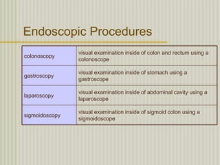 Endoscopic Procedures
                visual examination inside of colon and rectum using a
colonoscopy
                colonoscope

                visual examination inside of stomach using a
gastroscopy
                gastroscope

                visual examination inside of abdominal cavity using a
laparoscopy
                laparoscope

                visual examination inside of sigmoid colon using a
sigmoidoscopy
                sigmoidoscope
 