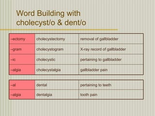 Word Building with
      cholecyst/o & dent/o
–ectomy    cholecystectomy   removal of gallbladder

–gram      cholecystogram    X-ray record of gallbladder

–ic        cholecystic       pertaining to gallbladder

–algia     cholecystalgia    gallbladder pain


–al        dental            pertaining to teeth

–algia     dentalgia         tooth pain
 