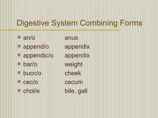 Digestive System Combining Forms
   an/o         anus
   append/o     appendix
   appendic/o   appendix
   bar/o        weight
   bucc/o       cheek
   cec/o        cecum
   chol/e       bile, gall
 