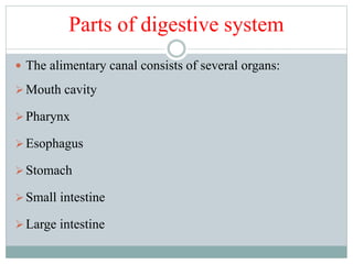 Parts of digestive system
 The alimentary canal consists of several organs:
Mouth cavity
Pharynx
Esophagus
Stomach
Small intestine
Large intestine
 