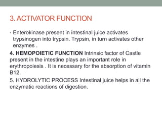 3. ACTIVATOR FUNCTION
• Enterokinase present in intestinal juice activates
trypsinogen into trypsin. Trypsin, in turn activates other
enzymes .
4. HEMOPOIETIC FUNCTION Intrinsic factor of Castle
present in the intestine plays an important role in
erythropoiesis . It is necessary for the absorption of vitamin
B12.
5. HYDROLYTIC PROCESS Intestinal juice helps in all the
enzymatic reactions of digestion.
 