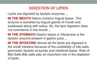 DIGESTION OF LIPIDS
• Lipids are digested by lipolytic enzymes. „
• IN THE MOUTH Saliva contains lingual lipase. This
enzyme is secreted by lingual glands of mouth and
swallowed along with saliva. So, the lipid digestion does
not commence in the mouth. „
• IN THE STOMACH Gastric lipase or tributyrase is the
lipolytic enzyme present in gastric juice. „
• IN THE INTESTINE Almost all the lipids are digested in
the small intestine because of the availability of bile salts,
pancreatic lipolytic enzymes and intestinal lipase. Role of
Bile Salts Bile salts play an important role in the digestion
of lipids.
 