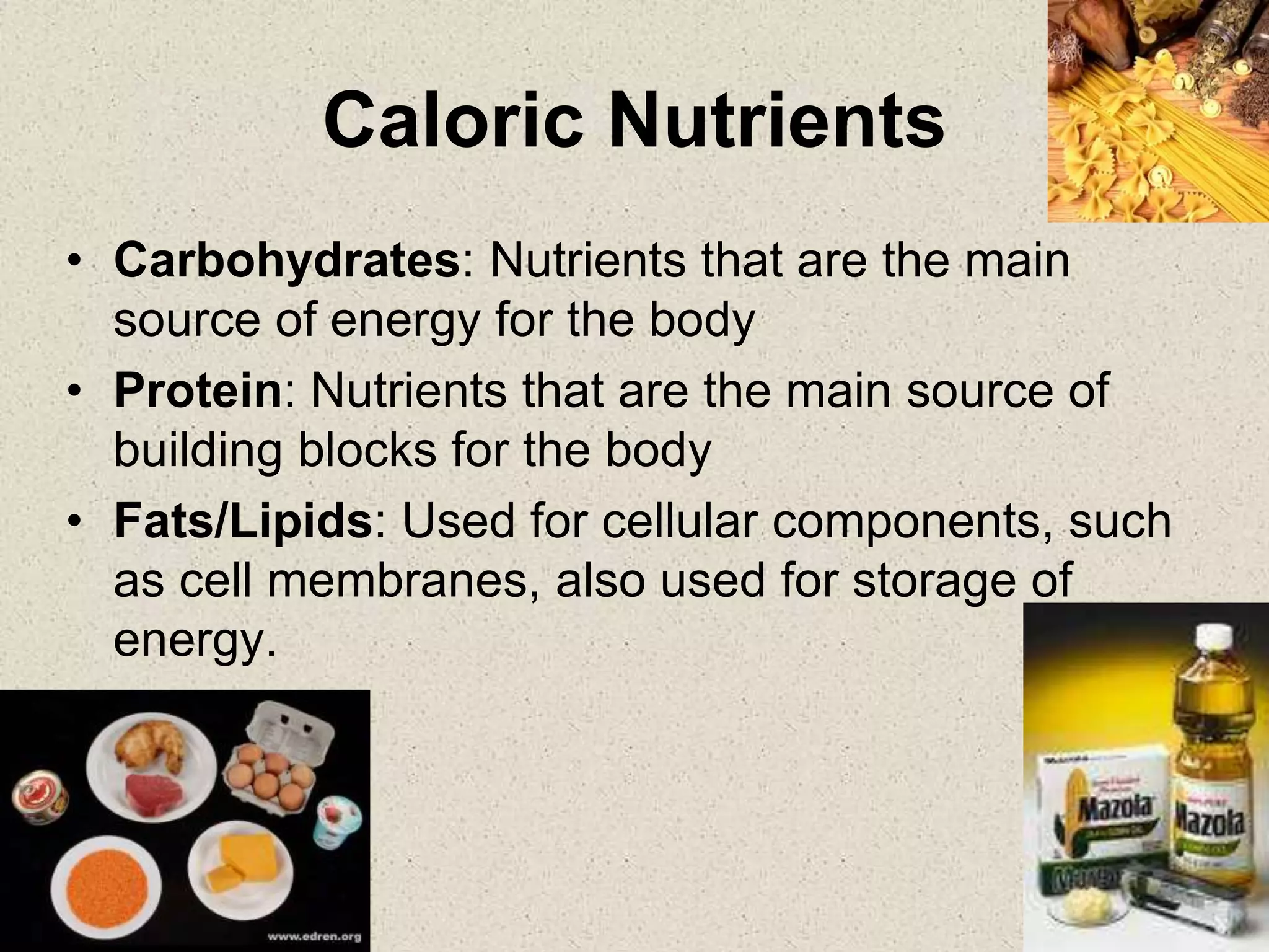 Caloric Nutrients
• Carbohydrates: Nutrients that are the main
source of energy for the body
• Protein: Nutrients that are the main source of
building blocks for the body
• Fats/Lipids: Used for cellular components, such
as cell membranes, also used for storage of
energy.
 