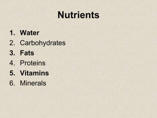 Nutrients
1. Water
2. Carbohydrates
3. Fats
4. Proteins
5. Vitamins
6. Minerals
 