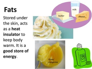 Fats
Stored under
the skin, acts
as a heat
insulator to
keep body
warm. It is a
good store of
energy.
butter cheese
milk
cream
Ghee/
margarine
oil
 
