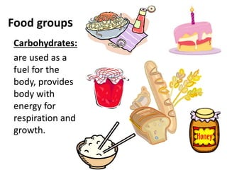 Food groups
Carbohydrates:
are used as a
fuel for the
body, provides
body with
energy for
respiration and
growth.
 