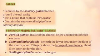 SALIVA
3 PAIRS OF MAJOR SALIVARY GLANDS
a. Parotid glands- inside of the cheeks, below and in front of each
ear canal
b. Submandibular glands- beneath the lower jaw, under the floor of
the mouth, about 2 fingers above the laryngeal prominence, about
5 cm apart under the chin.
c. Sublingual glands- under the tongue
• Secreted by the salivary glands located
around the oral cavity
• It is a liquid that contains 99% water
• Contains the enzyme called ptyalin or
salivary amylase
 