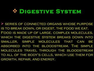 Digestive System series of connected organs whose purpose is to break down, or digest, the food we eat.  Food is made up of large, complex molecules, which the digestive system breaks down into smaller, simple molecules that can be absorbed into the bloodstream. The simple molecules travel through the bloodstream to all of the body's cells, which use them for growth, repair, and energy. 