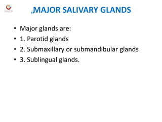 „MAJOR SALIVARY GLANDS
• Major glands are:
• 1. Parotid glands
• 2. Submaxillary or submandibular glands
• 3. Sublingual glands.
 